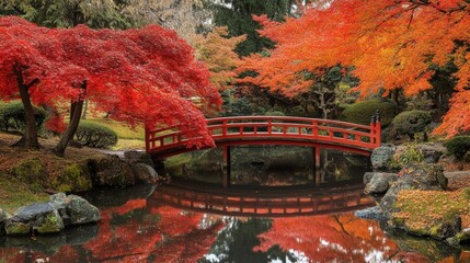 A tranquil Japanese garden in autumn, with maple trees shedding their vibrant red and orange leaves. A small pond reflects the scene, and a wooden bridge arches gracefully over it