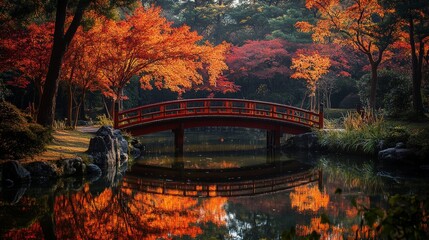 A tranquil Japanese garden in autumn, with maple trees shedding their vibrant red and orange leaves. A small pond reflects the scene, and a wooden bridge arches gracefully over it