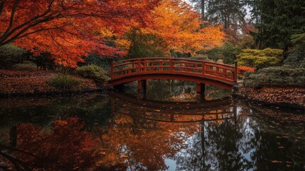 A tranquil Japanese garden in autumn, with maple trees shedding their vibrant red and orange leaves. A small pond reflects the scene, and a wooden bridge arches gracefully over it