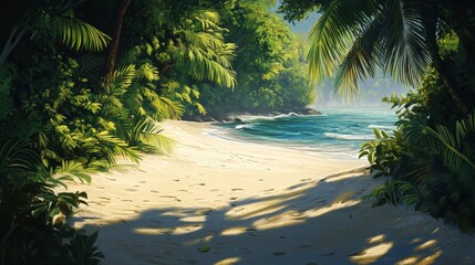 A tropical beach lined with dense jungle, where the vibrant green foliage meets the soft white sand. Birds of paradise call from the trees as the calm waves lap gently against the shore.