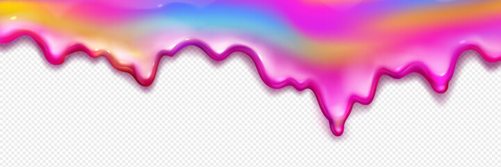 Rainbow slime splash isolated on transparent background. Vector realistic illustration of color gradient liquid substance dripping down surface, abstract colorful glitter, iridescent fluid border