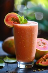 Fresh guava smoothie with mint leaf on top