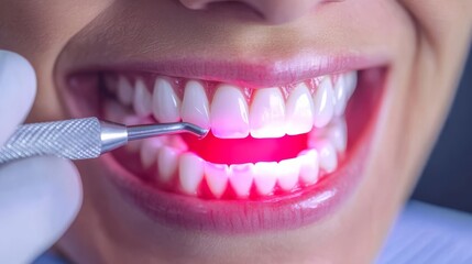 Fototapeta premium Applying curing light on filled tooth, mouth close-up, dental hygiene