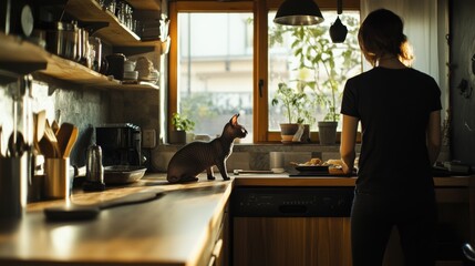 Sphynx cat watching a couple cooking together in a wooden kitchen with window light,