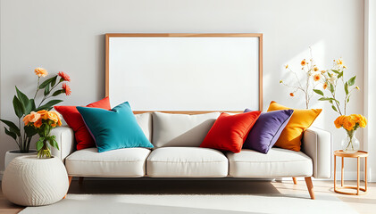Elegant Sofa Arrangement: Vibrant Cushions, Fresh Flowers, and Mock-Up Poster Frame for a Cheerful Atmosphere