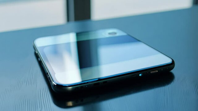 Camera films a 360 degree rotation of a sleek smartphone on a modern office desk, using bounce light