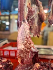 Fresh meat for sale in the meat market.Fresh Beef Mutton lamb for sale in a butcher shop.Meat on...