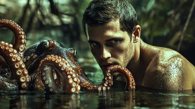 A man stares intensely into the camera as an octopus wraps its tentacles around his arm