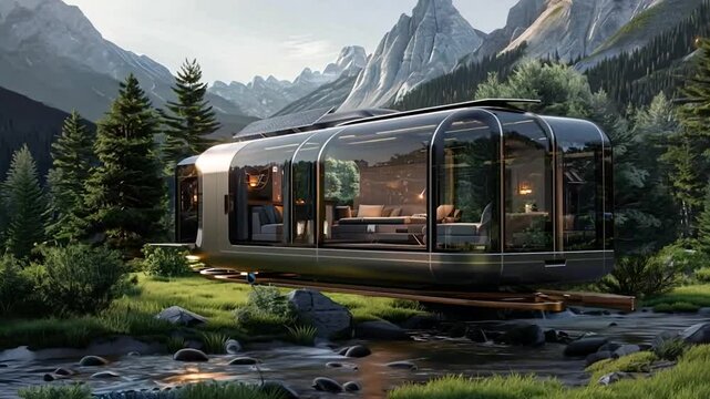 Futuristic glass-walled mobile home set in a serene mountainous landscape. Conceptual still life. Perfect for modern living promotions. Unique blend of nature and technology. Generative AI