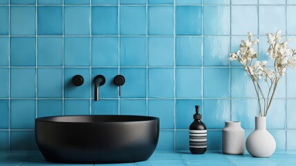 Vibrant bathroom adorned with traditional Portuguese blue tiles, showcasing rich colors and intricate patterns.