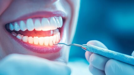 Curing light on filled tooth, patient relaxed, dental care