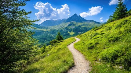 Obraz premium A picturesque mountain scene with a winding trail through lush greenery, and a bright blue sky, perfect for outdoor adventure photography