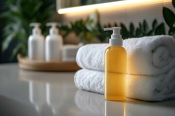 Shampoo bottle on a bathroom counter with fresh white towels, sleek and modern design, ultrarealistic shot capturing the clean and luxurious hair care product