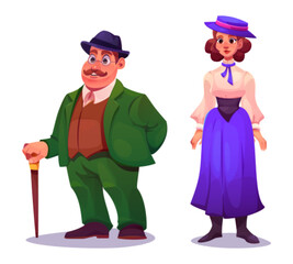 Young people in Victorian fashion clothing. Gentleman in costume and hat with walking stick and lady in long dress 19th century style. Man and woman wearing elegant vintage renaissance clothes.