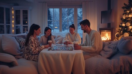Fototapeta premium Happy people play board game, chat and drink hot chocolate or coffe in cozy room, peaceful winter scene with group of friends, who spend free time together, slowcation and deep connections concept, AI