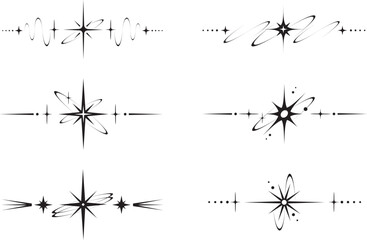 Celestial border. Magic frame with mystic stars. Divider spiritual line with fantasy elements. Vector astrology ornament with astral symbols. Vintage esoteric decoration set.