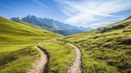 Obraz premium Beautiful mountain scene with a winding hiking trail, surrounded by green hills and a clear blue sky, ideal for travel and outdoor content
