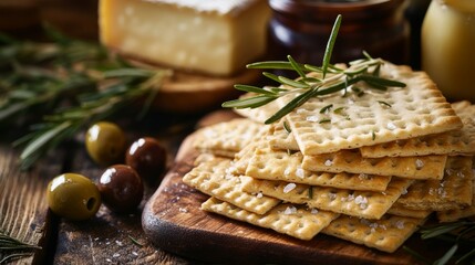 A close-up shot of a stack of crackers with rosemary sprigs, olives, and cheese on a wooden table.