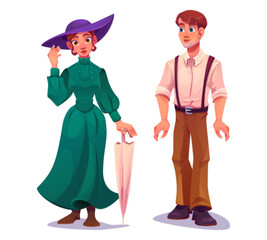 Cartoon young man and woman in Victorian times fashion clothing. Vector set of male person in shirt and pants with suspenders and lady in long dress and hat. Characters in vintage renaissance clothes.