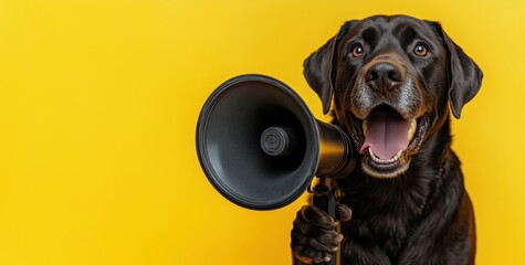 Dog with Loudspeaker Against Bold Yellow Backdrop with copy space. Black friday sales, Holiday sales, advertisement banner. 