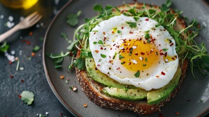 A delicious and healthy breakfast of avocado toast topped with a perfectly poached egg, microgreens, and a sprinkle of chili flakes.