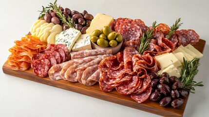 A close-up of a charcuterie board with salami, cheese, olives and rosemary sprigs.