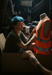 Creative fashion designer tailoring high-visibility safety vest in studio