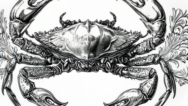 A detailed black and white illustration of a crab, possibly from an older book