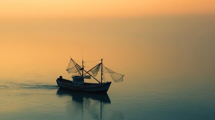 An artisanal fishing boat setting off at dawn, with handmade nets and traditional wooden design, sailing through calm waters