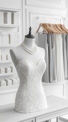 Mannequin wearing a lace dress with a statement pearl necklace in a boutique with soft, elegant lighting