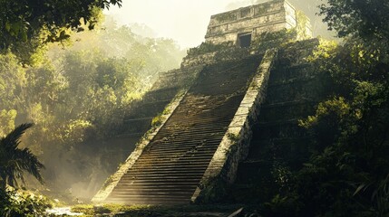 An ancient Mayan pyramid with steep stone steps leading to a temple at the top. The structure rises from the jungle, a testament to the architectural prowess of its builders