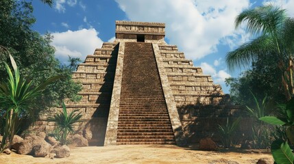 An ancient Mayan pyramid with steep stone steps leading to a temple at the top. The structure rises from the jungle, a testament to the architectural prowess of its builders