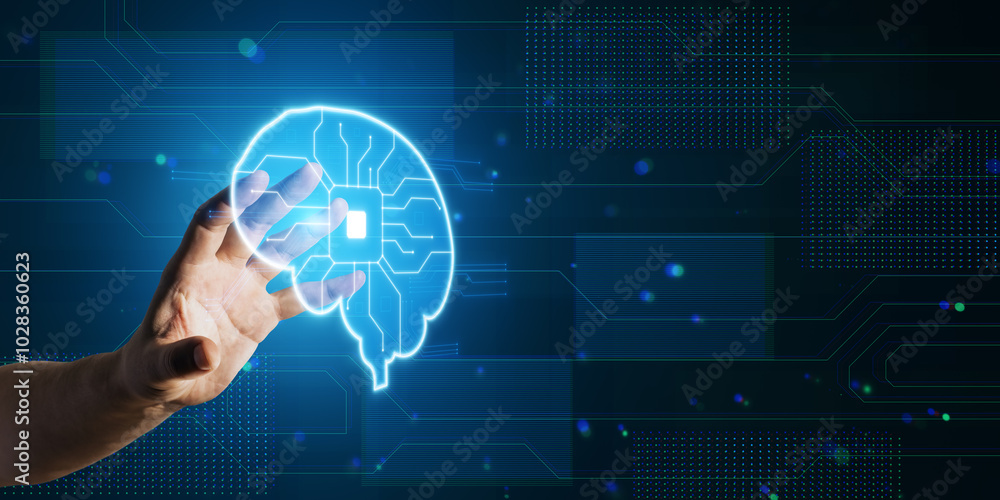 Poster closeup of male hand using glowing blue circuit digital brain hologram on blurry background with moc