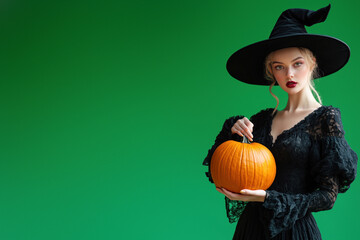 Enchanting witch holding a pumpkin with green backdrop