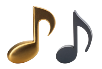 Two musical notes in gold and black, isolated on a white background.