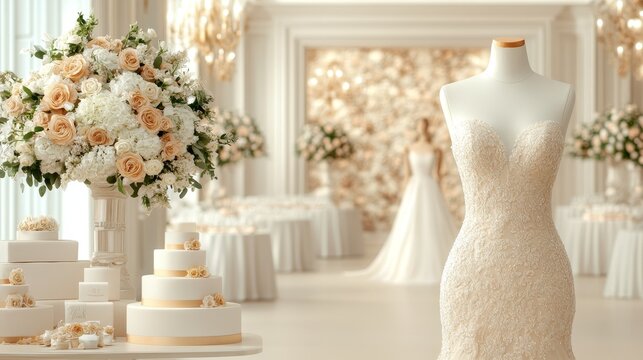 Mannequin adorned with a radiant gold gown, rich and intricate beading, soft lighting highlighting every detail, set against a lavish ballroom backdrop
