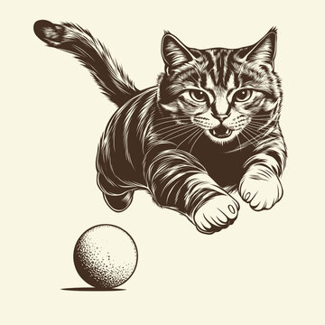 Dynamic black-and-white Vector sketch of a playful cat pouncing after a ball, showcasing energy and excitement in a highly detailed line art illustration