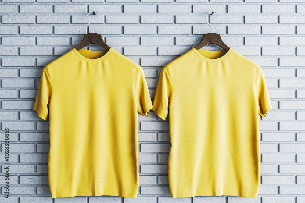 Poster two empty yellow t-shirts on brick wall background. mock up place, advertisement concept. 3d renderi
