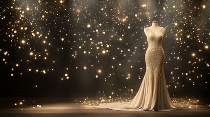 Golden sequined gown, elegantly draped on a mannequin, surrounded by subtle sparkles and soft glowing light, rich wooden interior as the backdrop