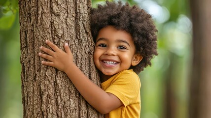 Joyful child embracing a tree, surrounded by a lush forest, radiating happiness and connection to nature.