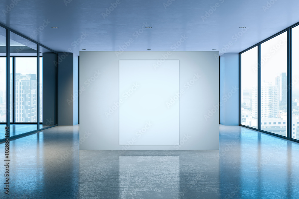 Poster modern empty spacious concrete office or exhibition hall interior with empty white mock up poster, p