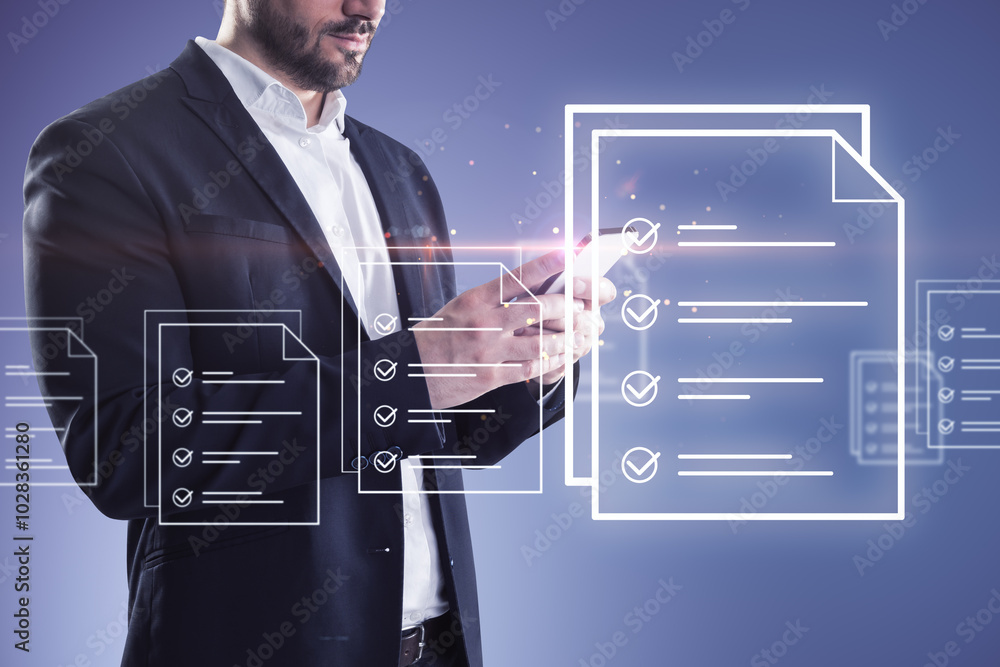 Poster close up of businessman hand using cellphone creative digital document on blue background. online su