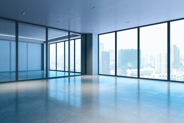Contemporary empty spacious concrete office or exhibition hall interior with panoramic windows and city view. 3D Rendering.