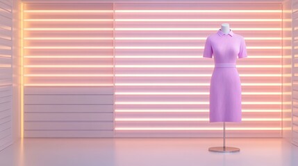 Sleek metallic purple dress on a mannequin, illuminated by soft glowing light, futuristic and minimalist fashion display with chrome and glass in the background