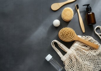 Eco-friendly personal care: sustainable brushes, bottles, and natural accessories on dark background