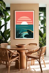Tropical dining area interior design with poster frame
