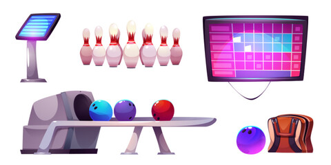 Naklejka premium Bowling pin and ball vector game illustration. Strike tournament event with skittles. Kegling championship isolated icon set. Movement alley for sphere and gambling screen with scoreboard design