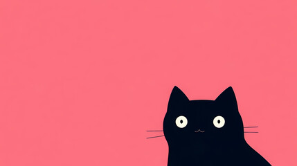 A simple, minimalist illustration of a black cat with wide eyes, set against a solid pink background, creating a playful and quirky visual