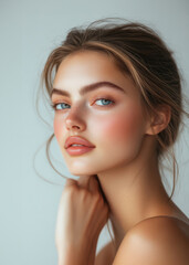 Fototapeta premium Young woman with natural look pose on white background, copy space, skin care and cosmetics model.