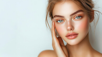 Young woman with natural look pose on white background, copy space, skin care and cosmetics model.